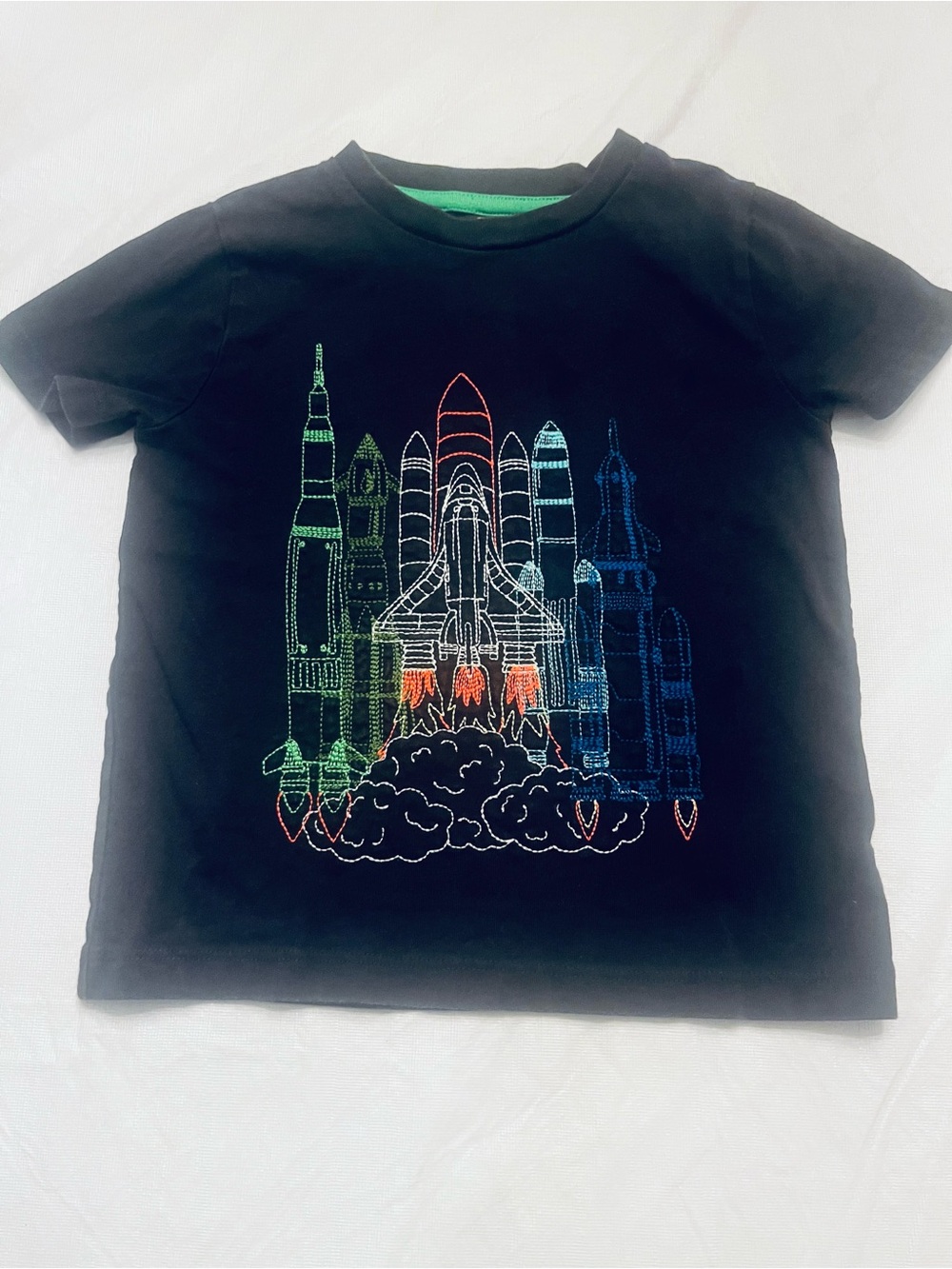Mini Boden Navy Tee with Neon Rocket Launch Graphic